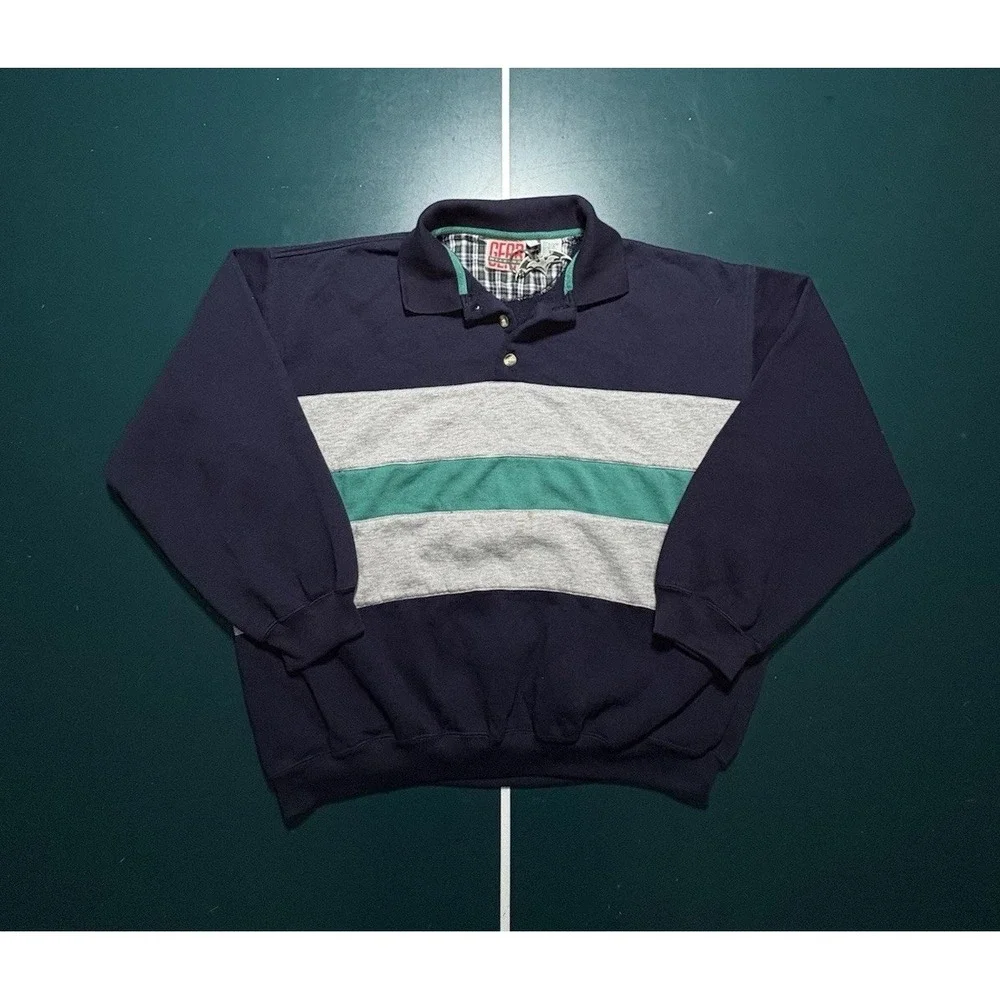 Vintage Rugby Sweater Men Large Striped Pullover 90s Retro Gray Navy Color Block